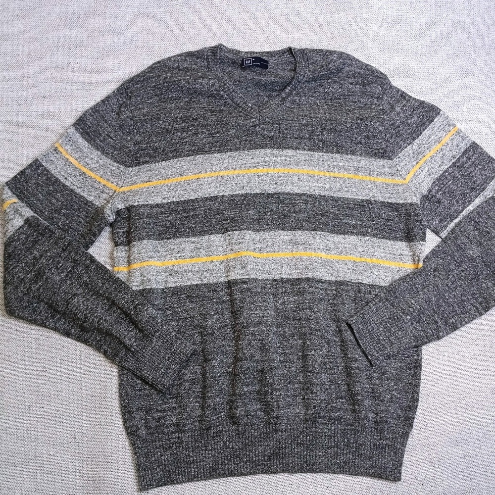 Gap V-Neck Sweater Mens XL Grey Excellent Striped Marled Knit Pullover